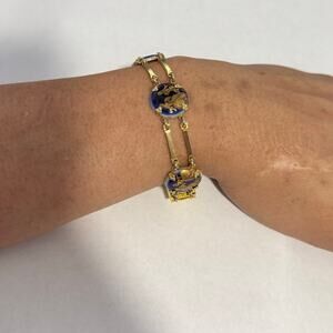 Vintage 30s Porcelain Courting Couples Transferware Cabochon Gilt Brass Bracelet